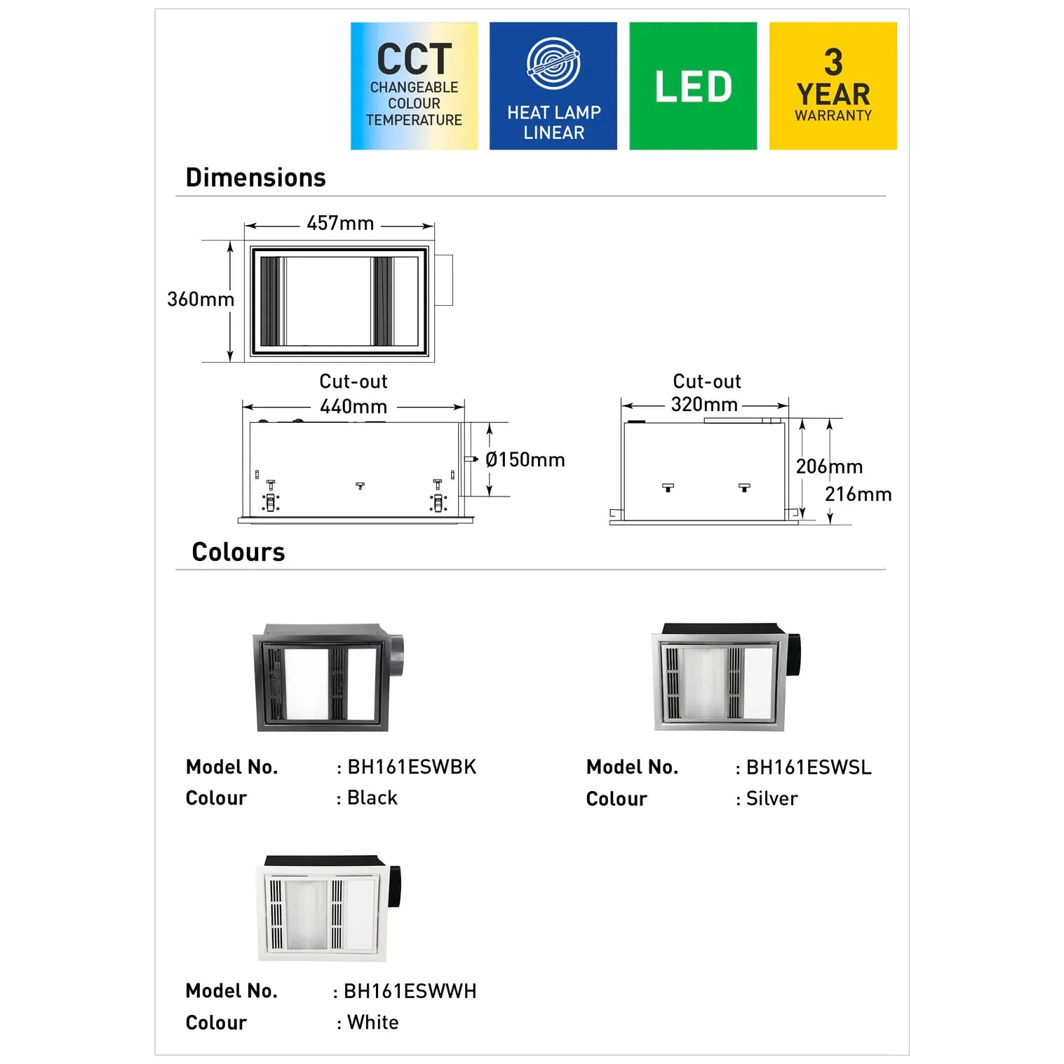 Domini 3-in-1 Bathroom Heater with Exhaust Fan and CCT LED Light