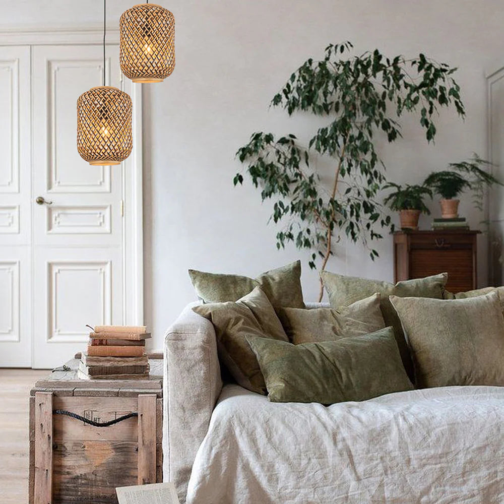 Interior Cylinder Brown/Natural Bamboo Cage 1 Light Pendant