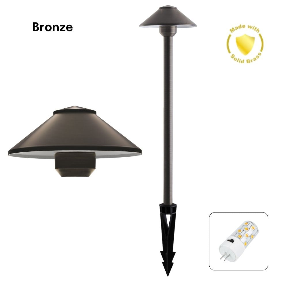 Domus DUSK-PATH-M - 4W 12V DC LED Tri-Colour G4 Replaceable Exterior Medium Hooded Spike Path Light IP65 Solid Brass - DRIVER REQUIRED-Domus Lighting-Ozlighting.com.au