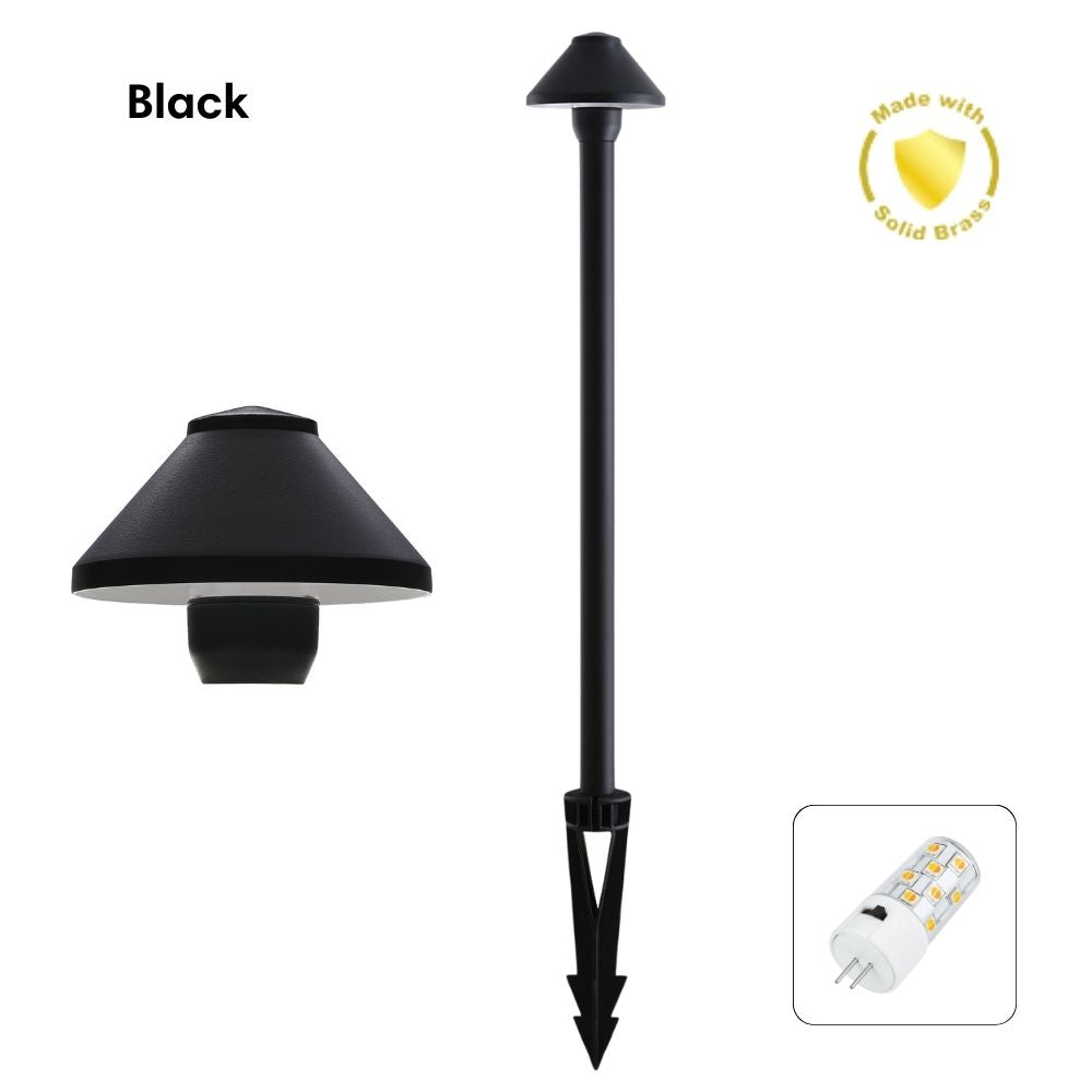Domus DUSK-PATH-S - 4W 12V DC LED Tri-Colour G4 Replaceable Exterior Small Hooded Spike Path Light IP65 Solid Brass - DRIVER REQUIRED-Domus Lighting-Ozlighting.com.au