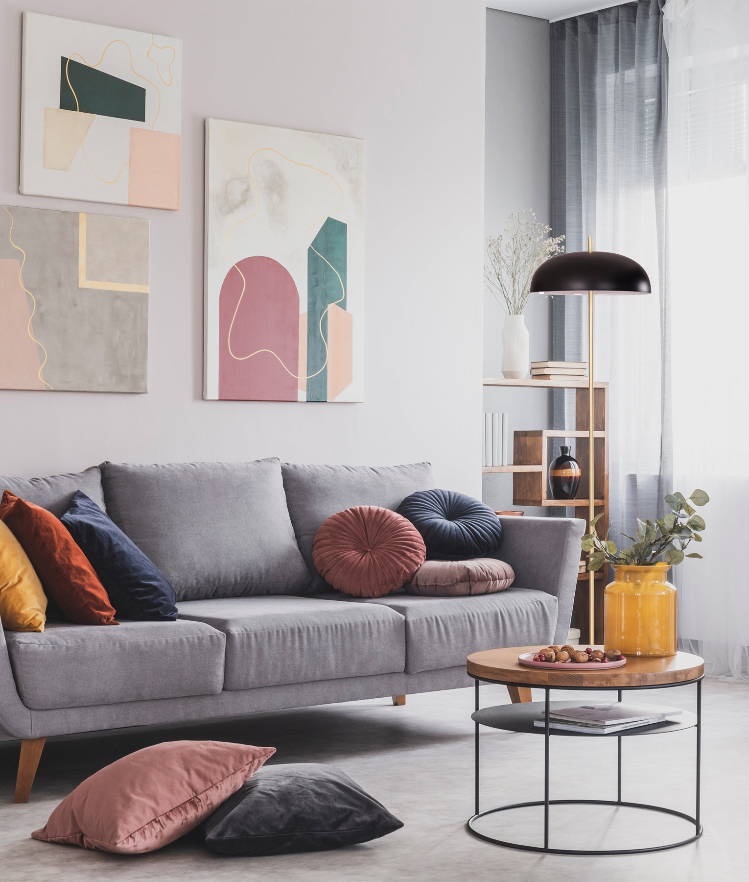 PARAGUAS: Interior Black Dome Shade with Brass Rod Floor Lamp