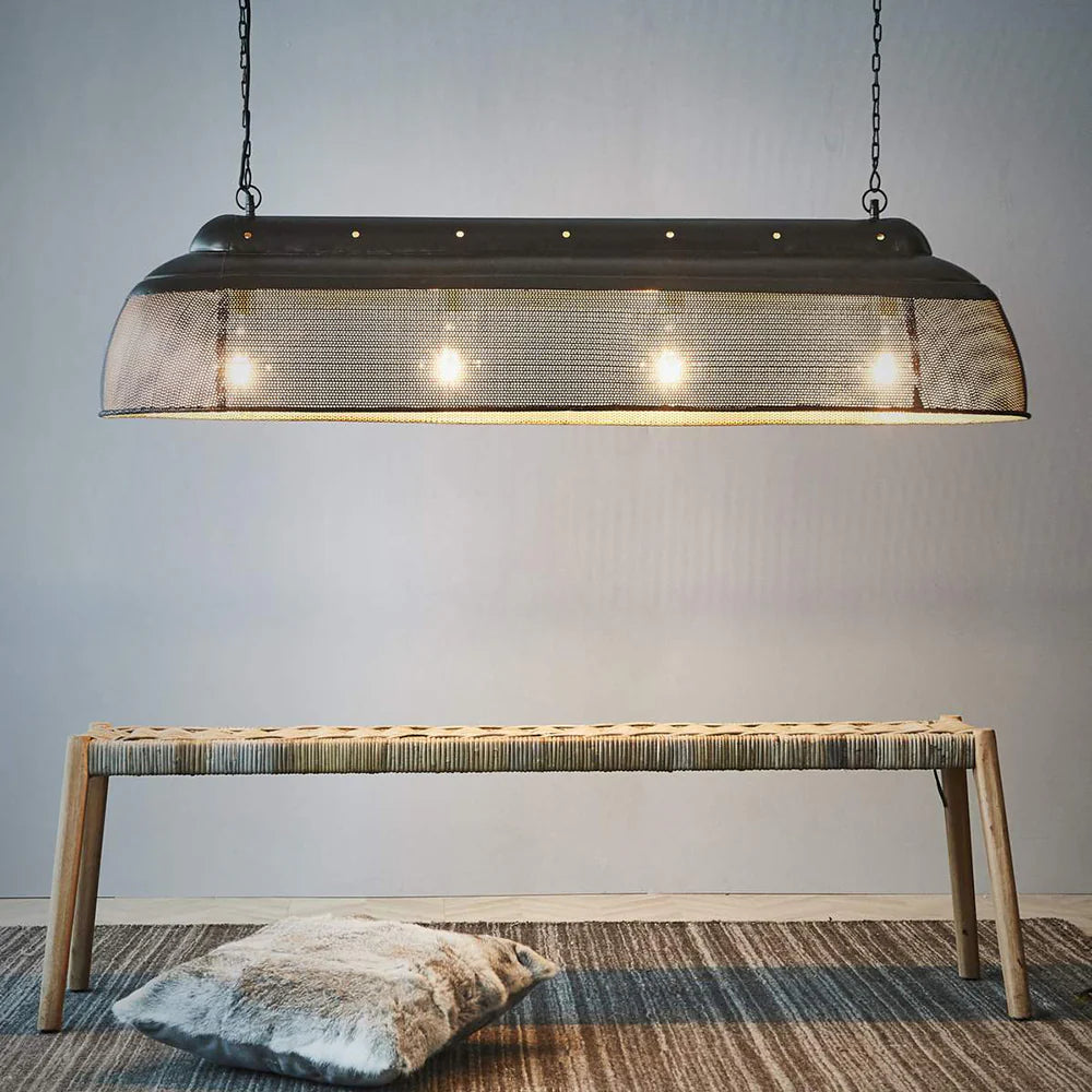 Riva 4 Light Extra Long Perforated Iron Elongated Pendant - Matt Black/Gold