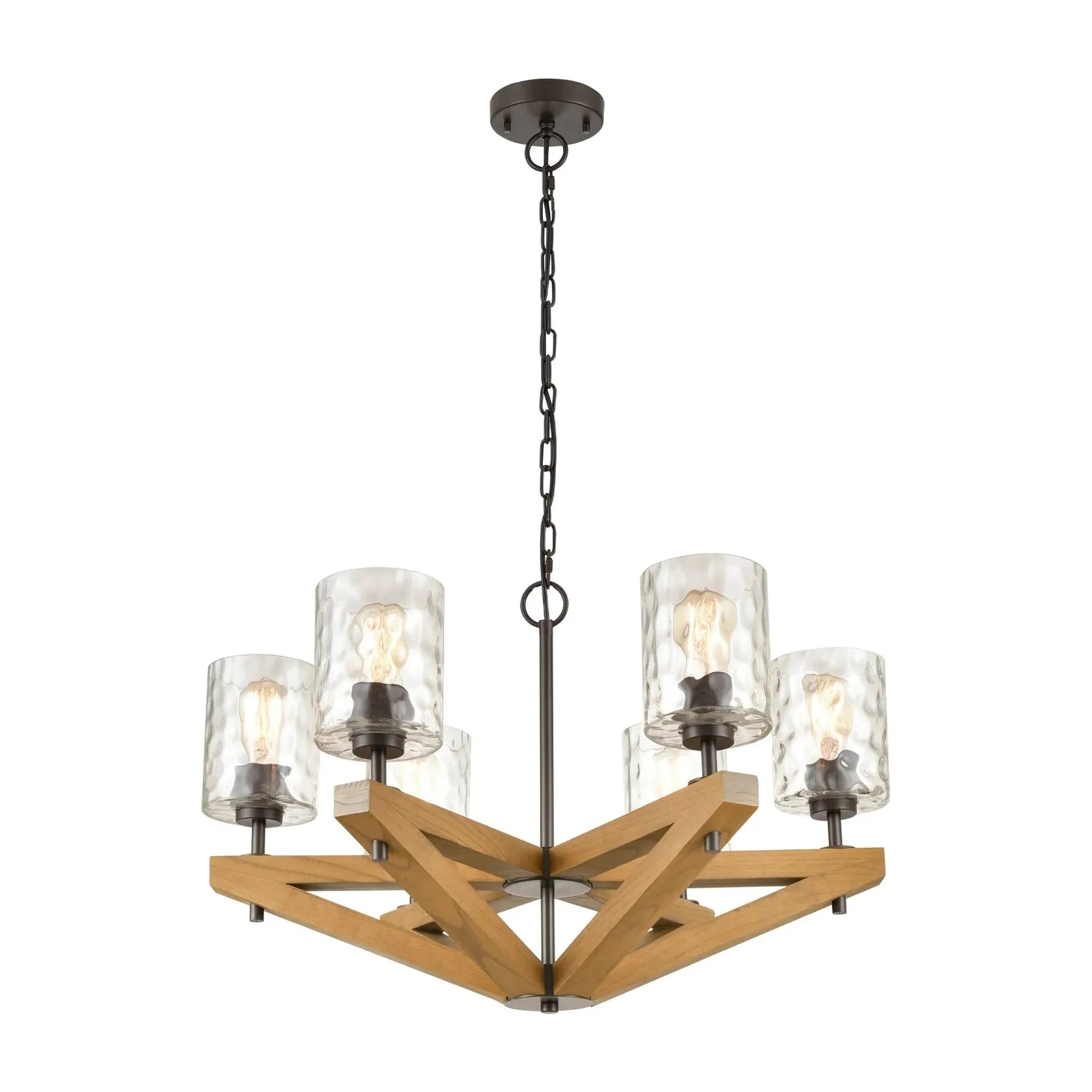 VOTIF: Retro Interior Candelabra Oak Wood with Clear Blown Dimpled Glass Pendant Light