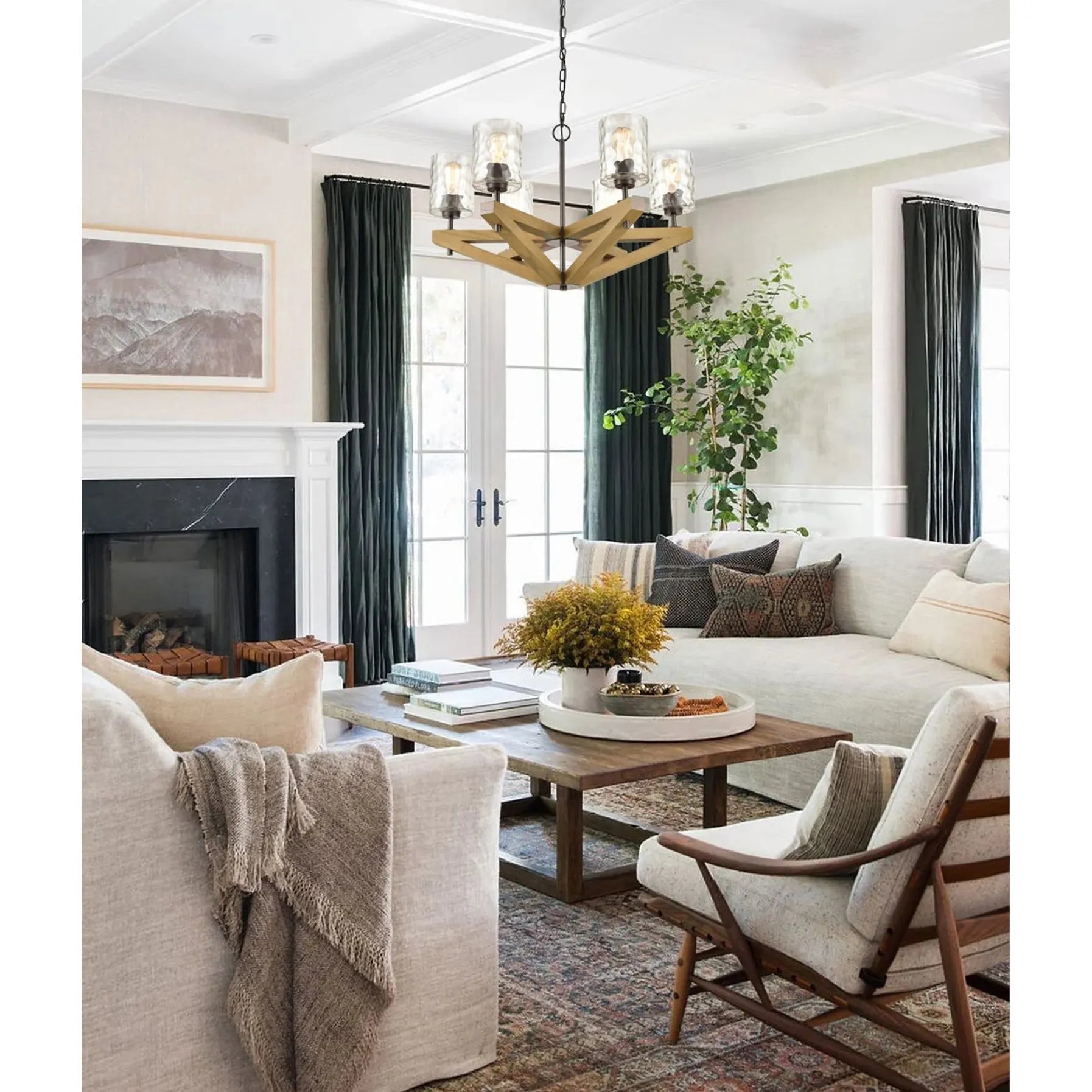 VOTIF: Retro Interior Candelabra Oak Wood with Clear Blown Dimpled Glass Pendant Light