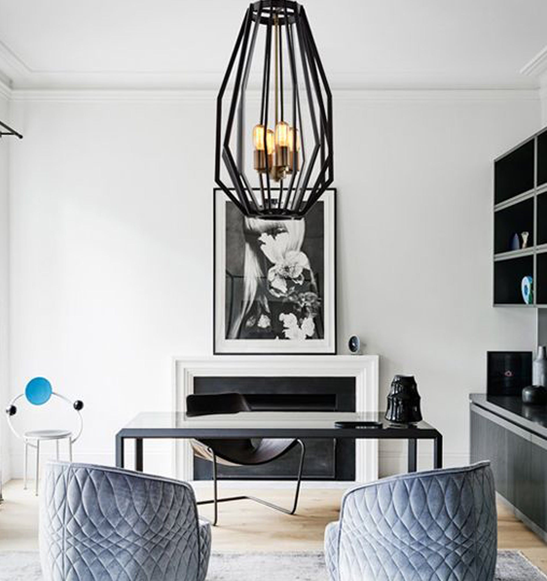 GAMBA: Industrial Black Rustic Narrow Angular Cage Pendant Light