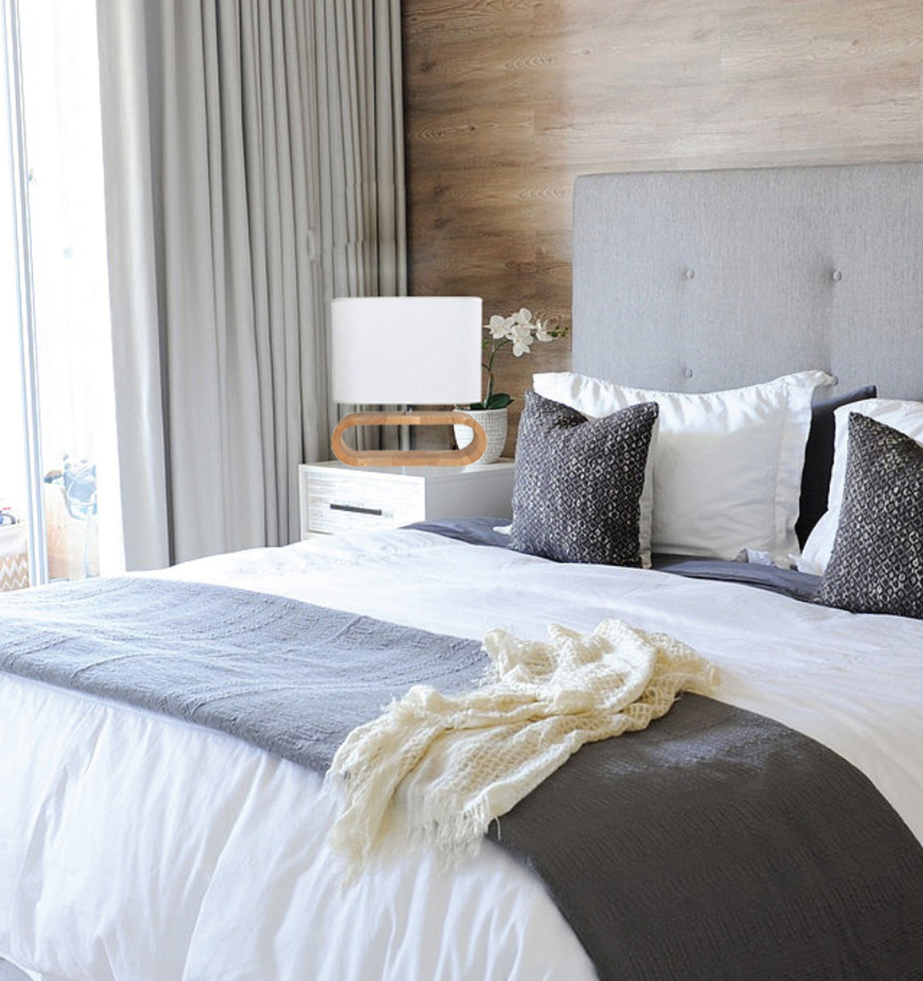 LOTUS: Blonde / Dark Wood Cloth Shade Table Lamps