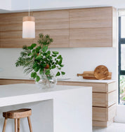 TAMBURA: Scandinavian Small Round Cloth Shade with Wood Veneer Trim Pendant Lights