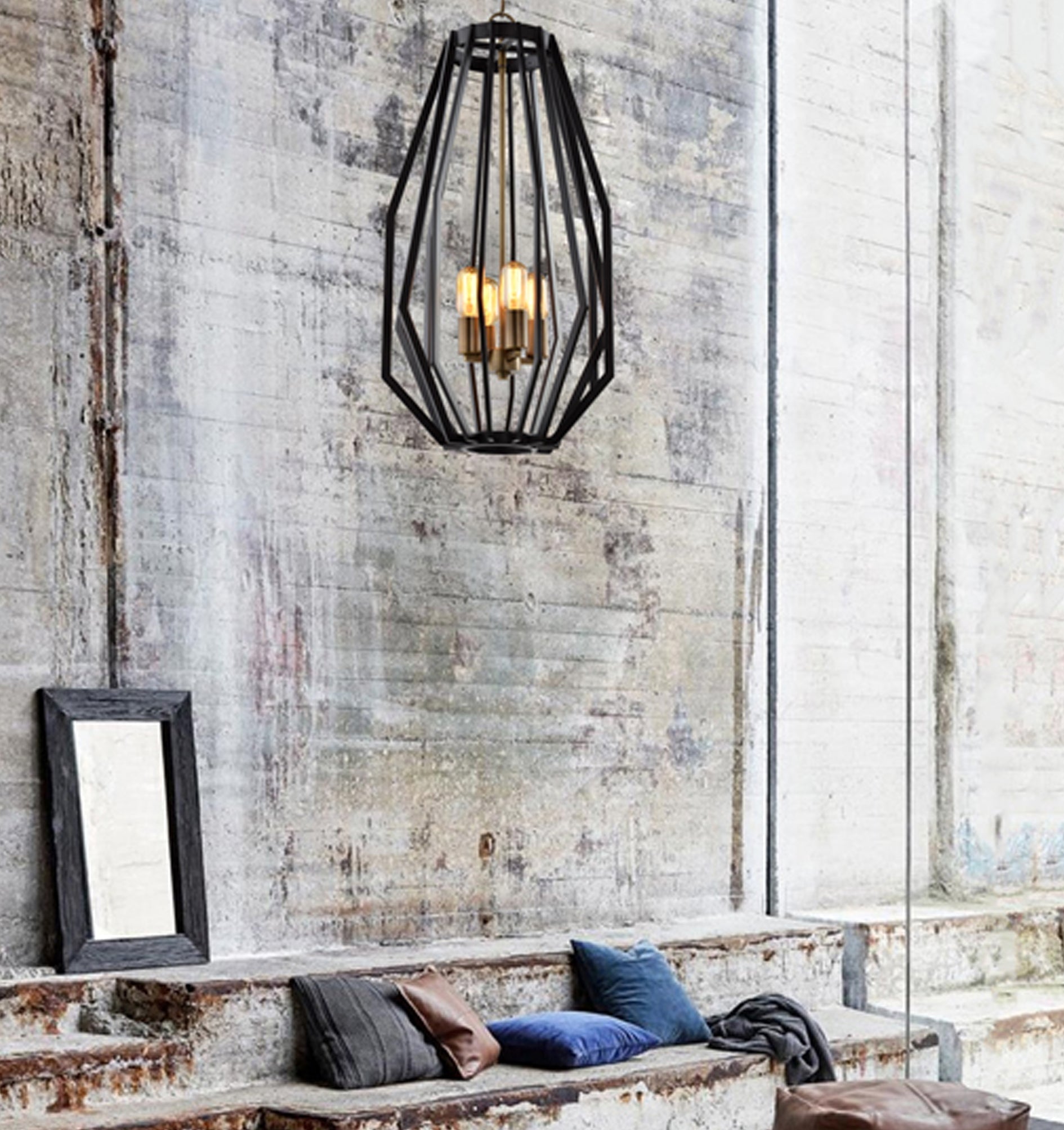 GAMBA: Industrial Black Rustic Narrow Angular Cage Pendant Light