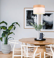 TAMBURA: Scandinavian Medium Drum Cloth Shade with Wood Veneer Trim Pendant Lights