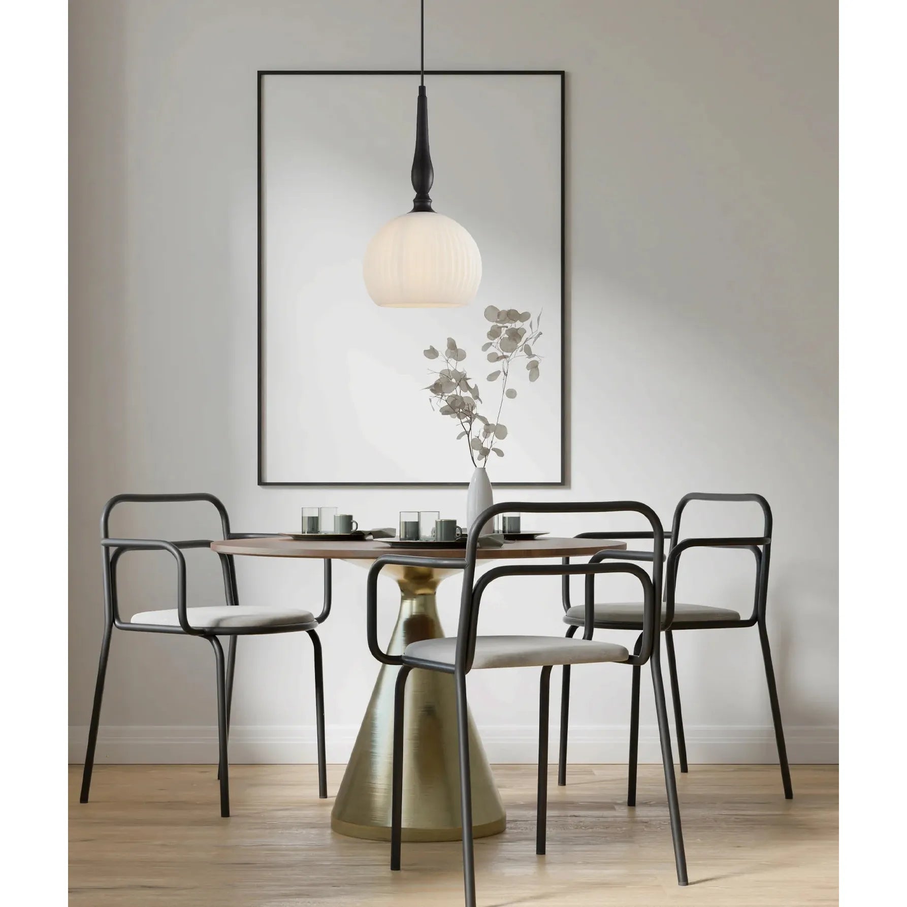 CALIZ: Interior Frosted Wine Glass Ribbed with Brass / Black Pendant Lights