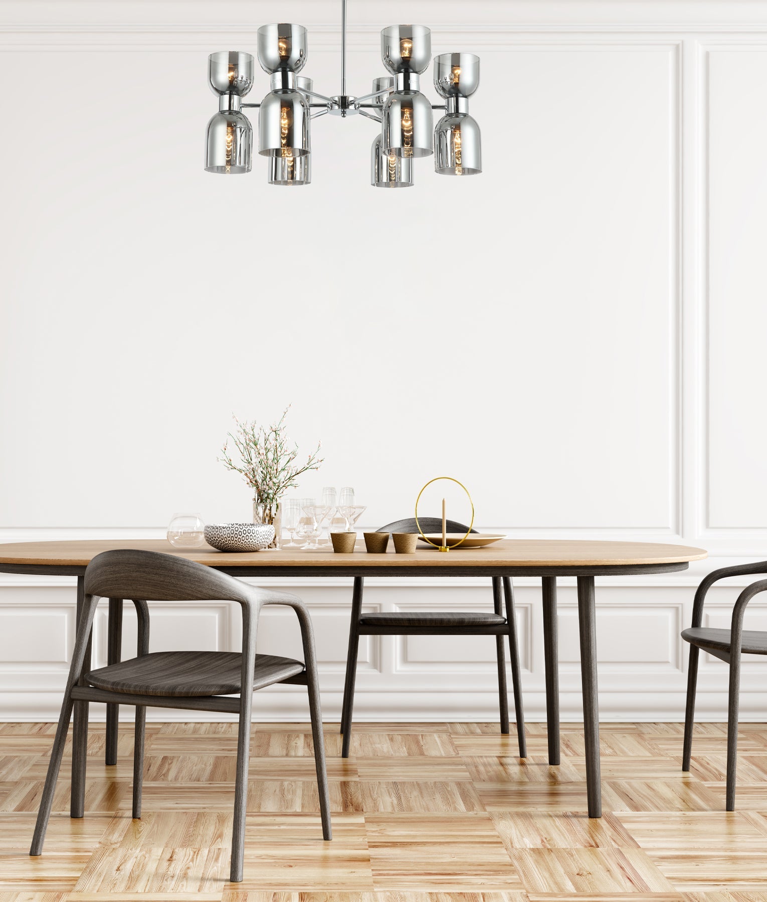 CLESSIDRA:  Interior Mirror Finish Smokey Black / Opal Glass Ellipse x12 Round Base Pendant Lights
