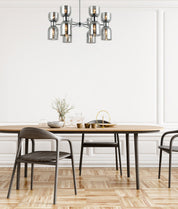 CLESSIDRA:  Interior Mirror Finish Smokey Black / Opal Glass Ellipse x12 Round Base Pendant Lights