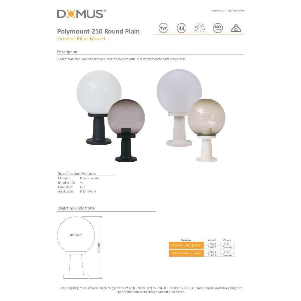 Domus POLYMOUNT - 250mm Polycarbonate Pillar Mount Light Black-Domus Lighting-Ozlighting.com.au