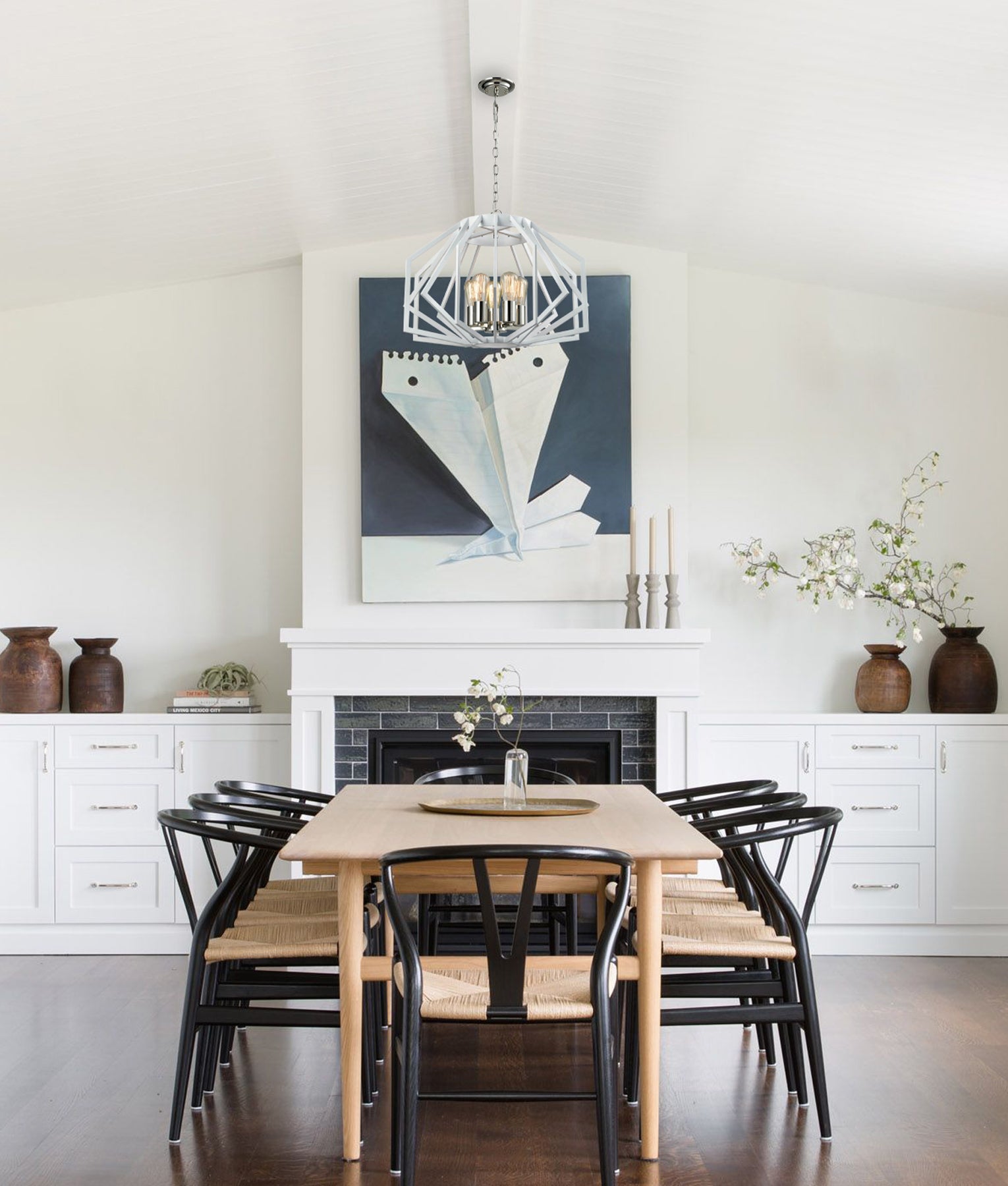 GAMBA: Industrial White Rustic Wide Angular Cage Pendant Light