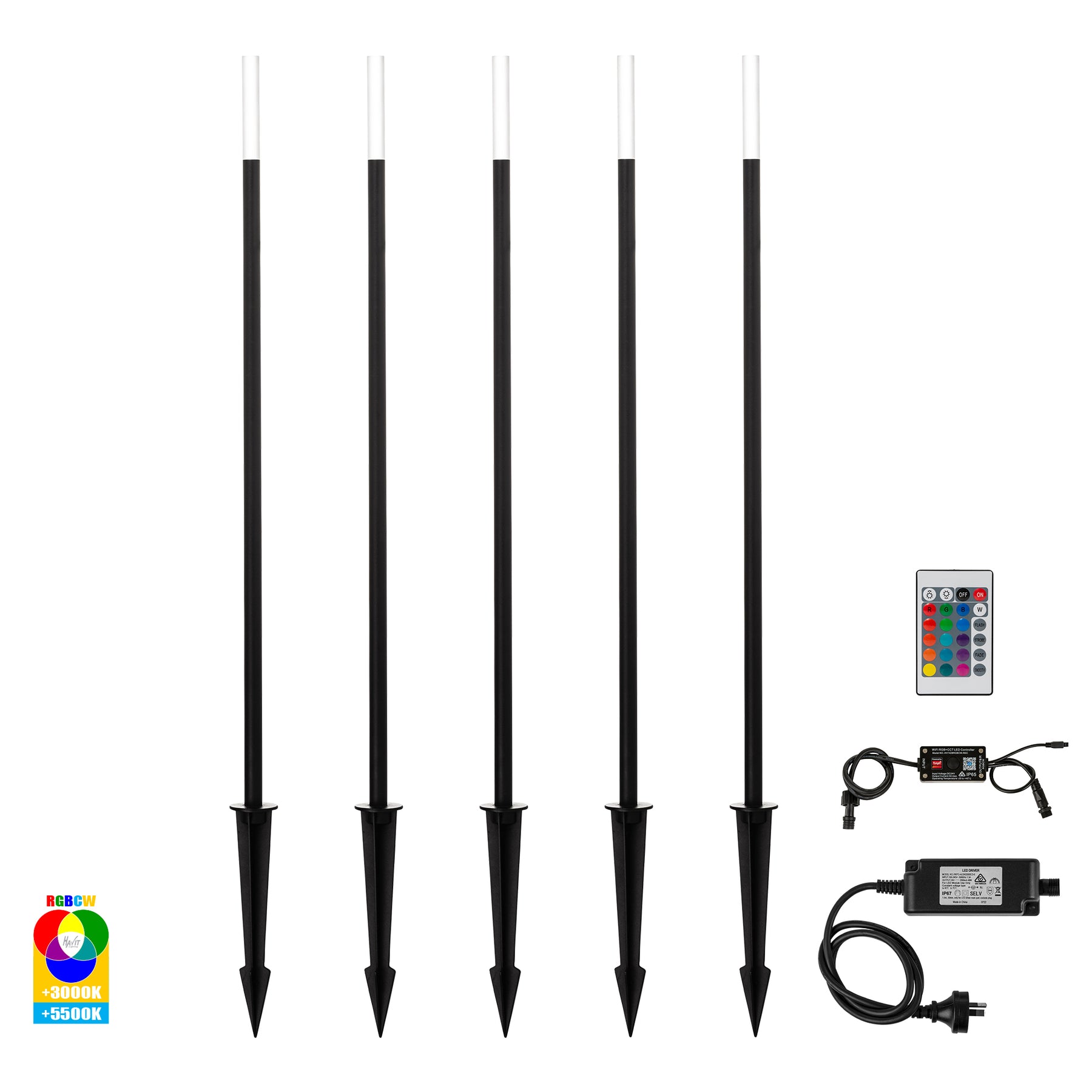 Havit Lighting Drique Aluminium Black RGBCW 5 Light LED Bollard Spike Light Kit