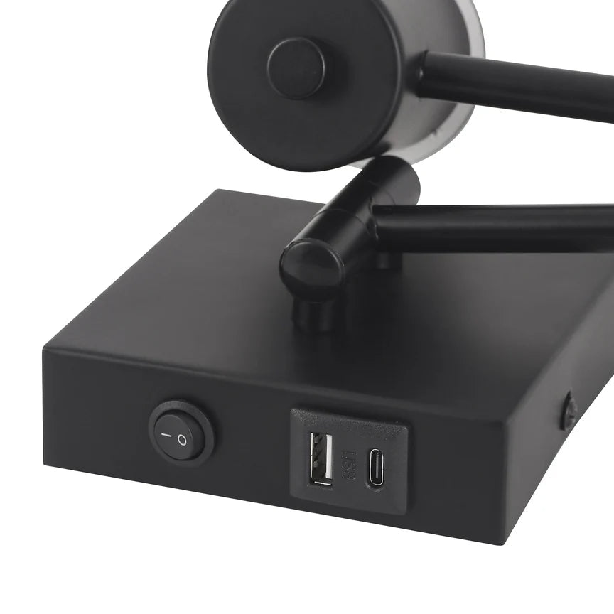 Elspet Swing Arm Wall Lamp With Charging Ports Matte Black & Linen