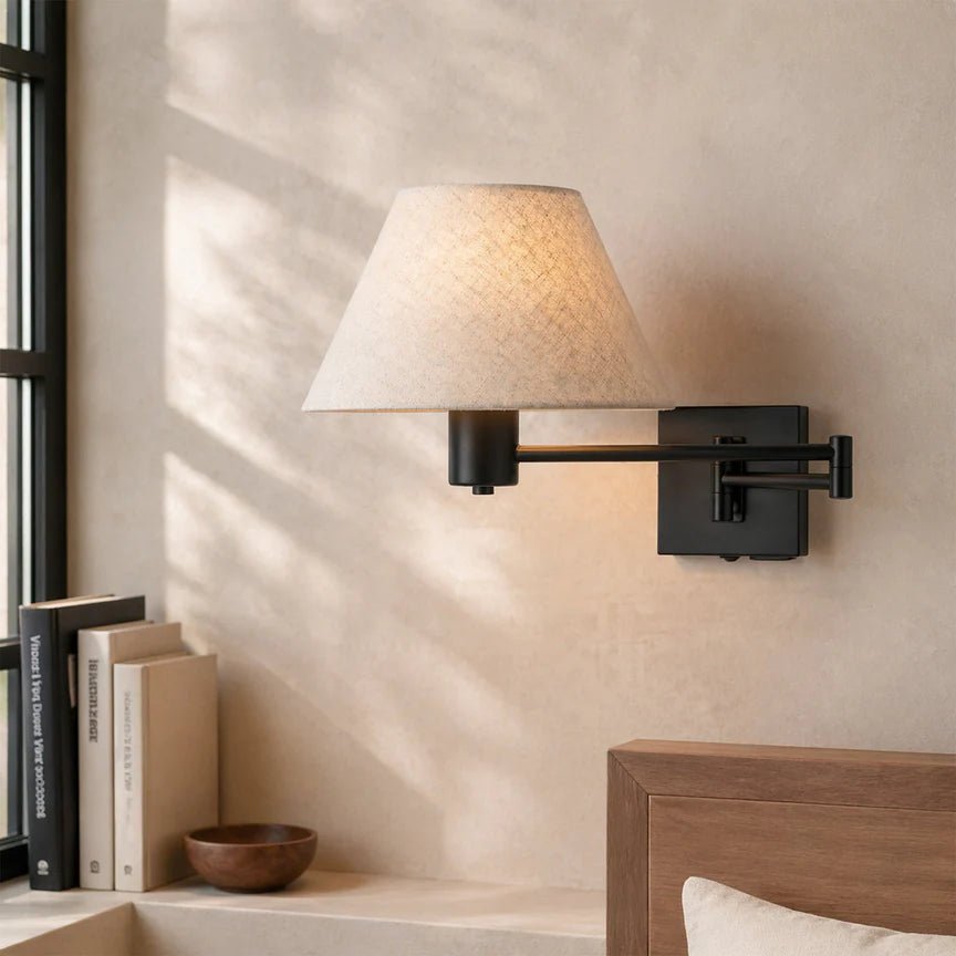 Elspet Swing Arm Wall Lamp With Charging Ports Matte Black & Linen