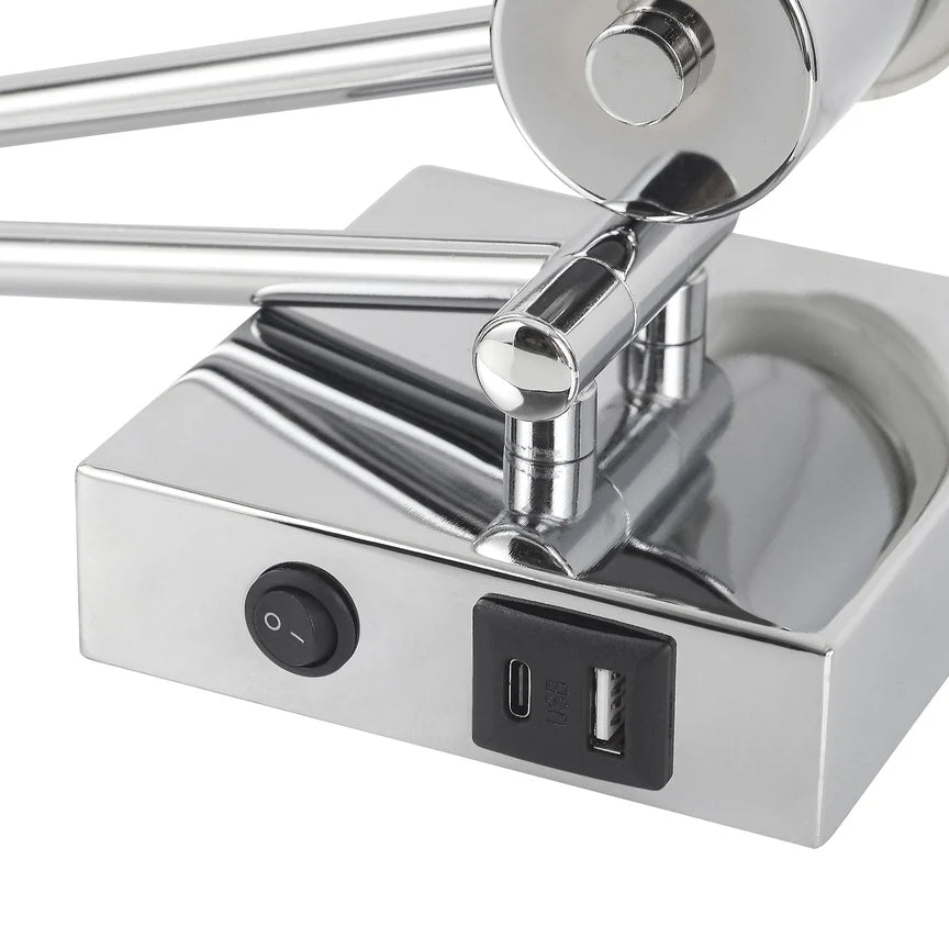 Elspet Swing Arm Wall Lamp With Charging Ports Chrome & Linen
