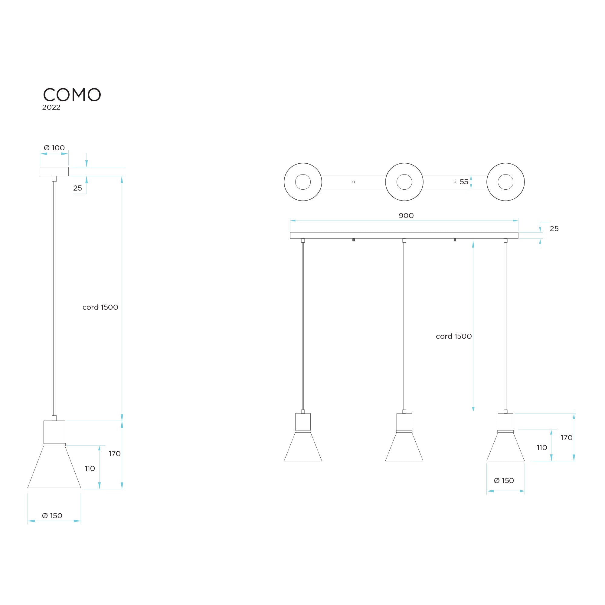 COMO TRILIGHT BC - Black and Brushed Chrome 3 Light Bar Pendant