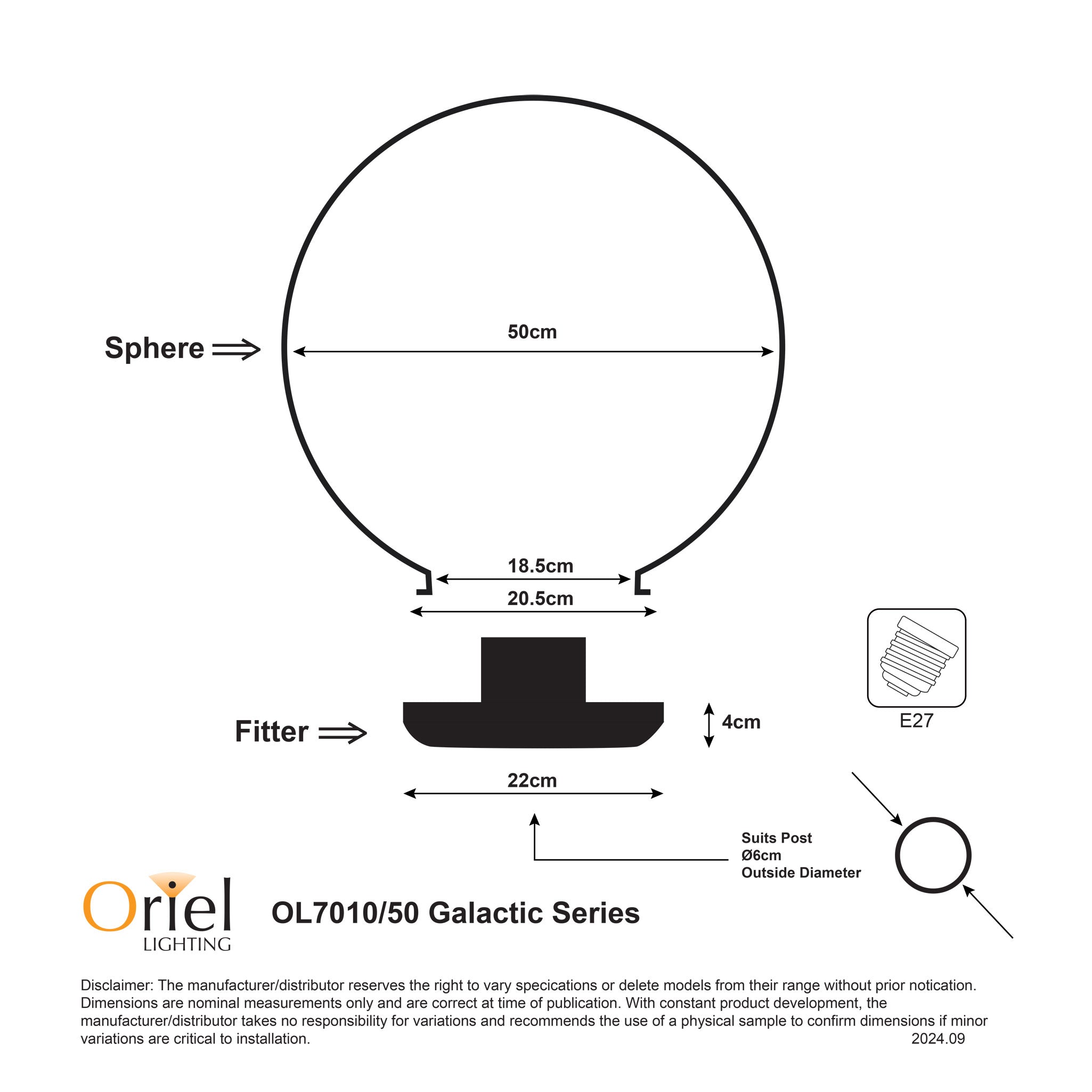 GALACTIC 50 - 50cm IP44 Outdoor Acrylic Post Top