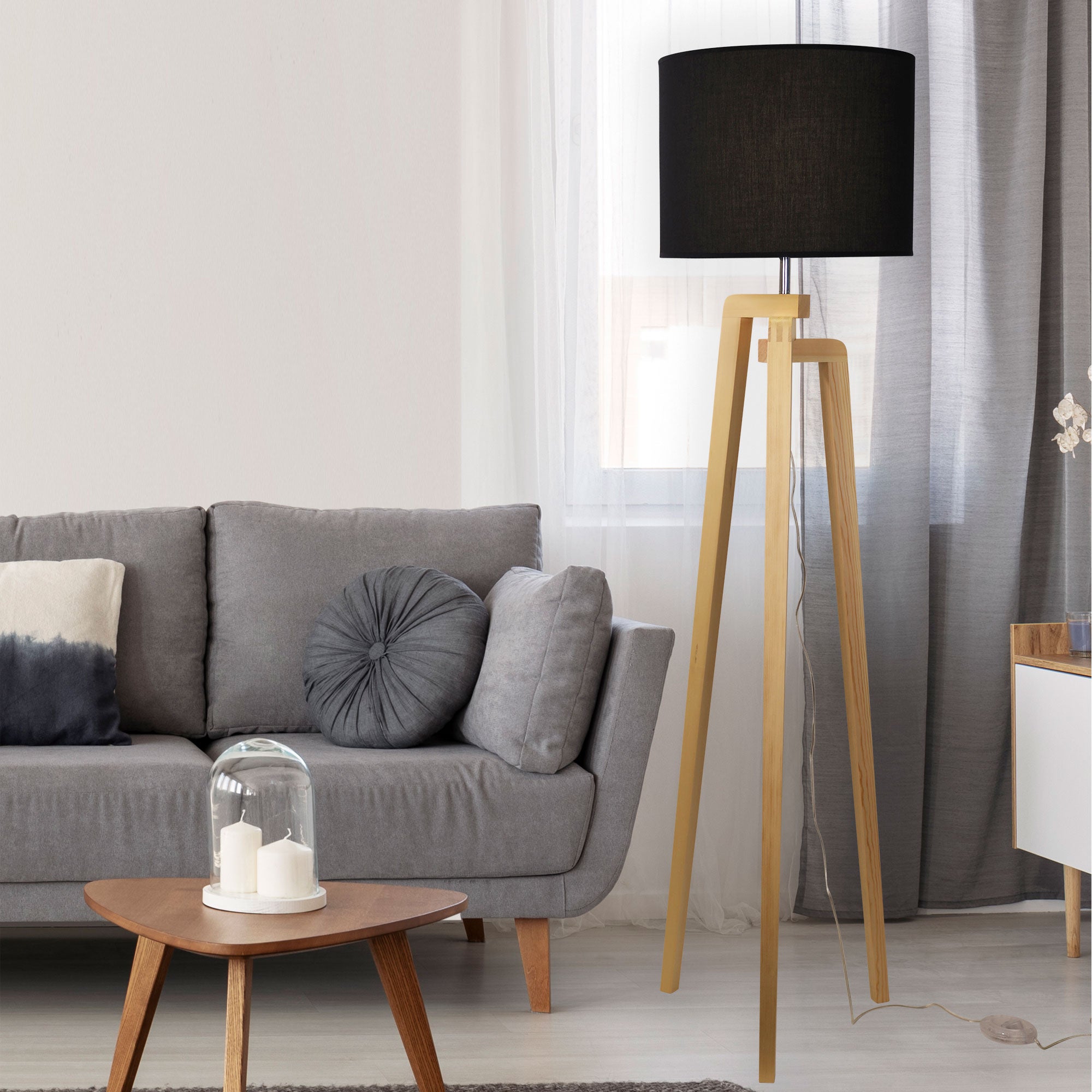 LUND COMPLETE FLOOR LAMP BLACK - Scandi Timber Tripod Floor Lamp