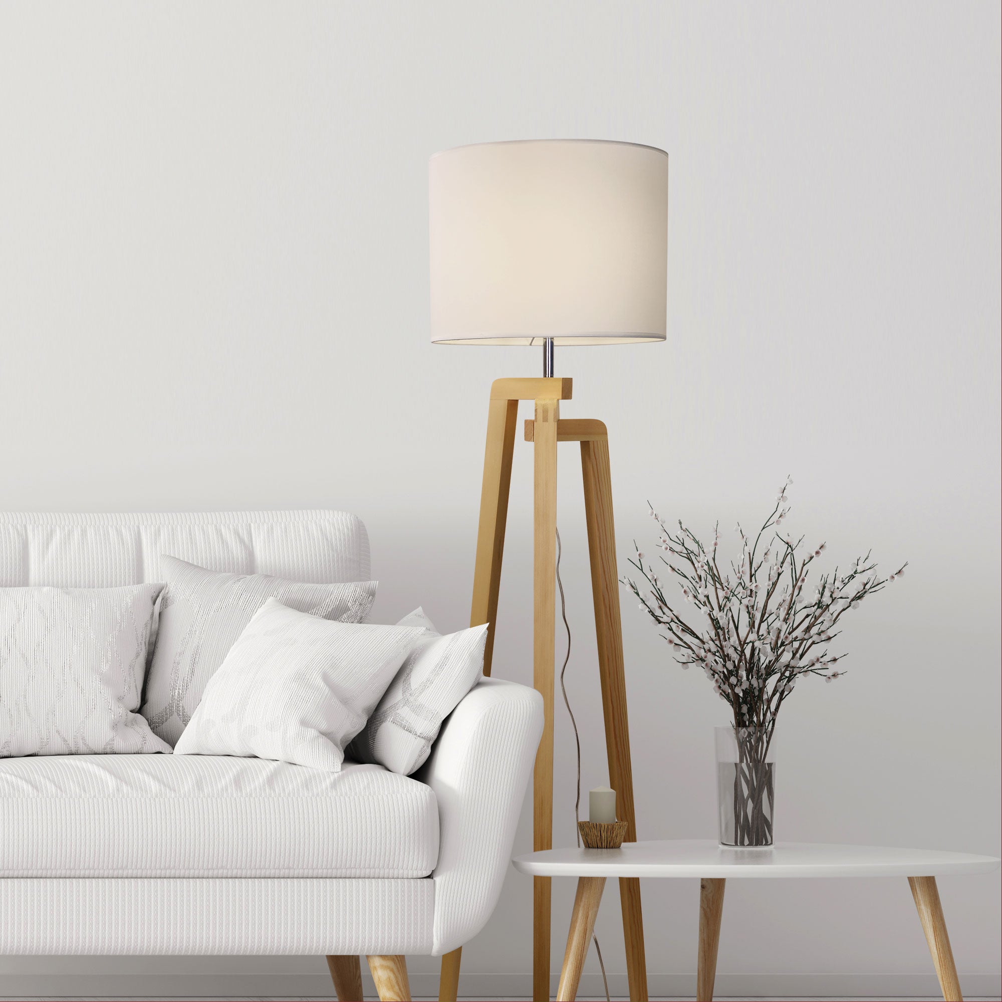 LUND COMPLETE FLOOR LAMP WHITE - Scandi Timber Tripod Floor Lamp