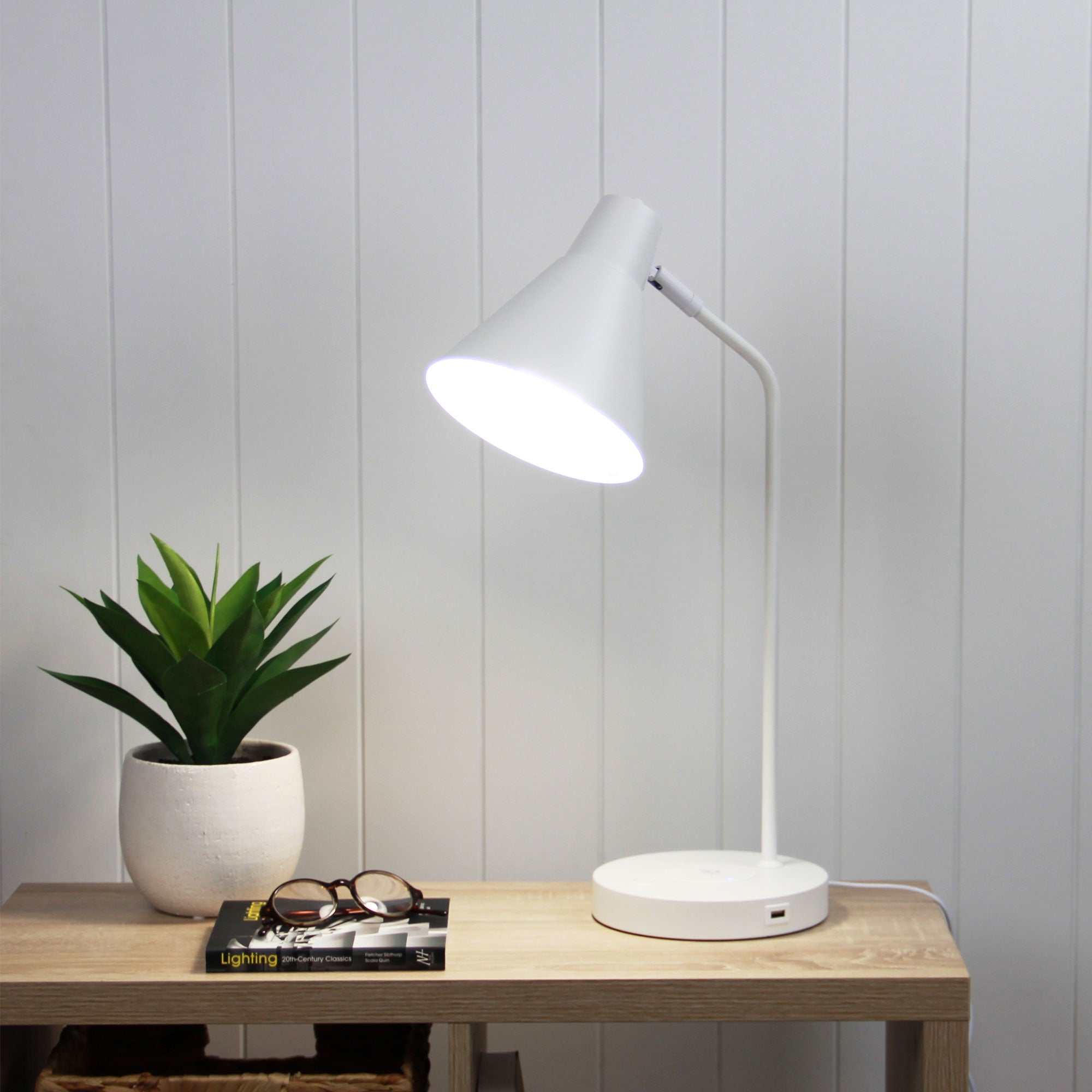 TARGA WHITE - White Desk Lamp with USB and wireless charging