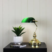 BANKERS SWITCHED BRASS - Brass Plated with Green Glass Shade