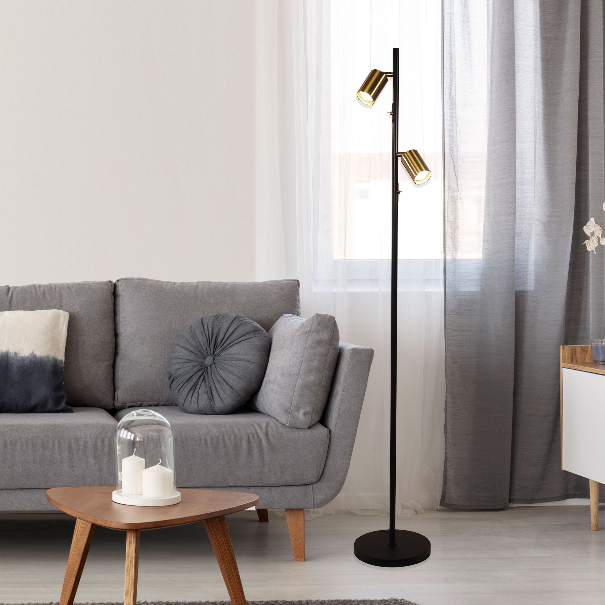 PONTE FLOOR BK/SB - Adjustable Twin Floor Lamp Black and Satin Brass