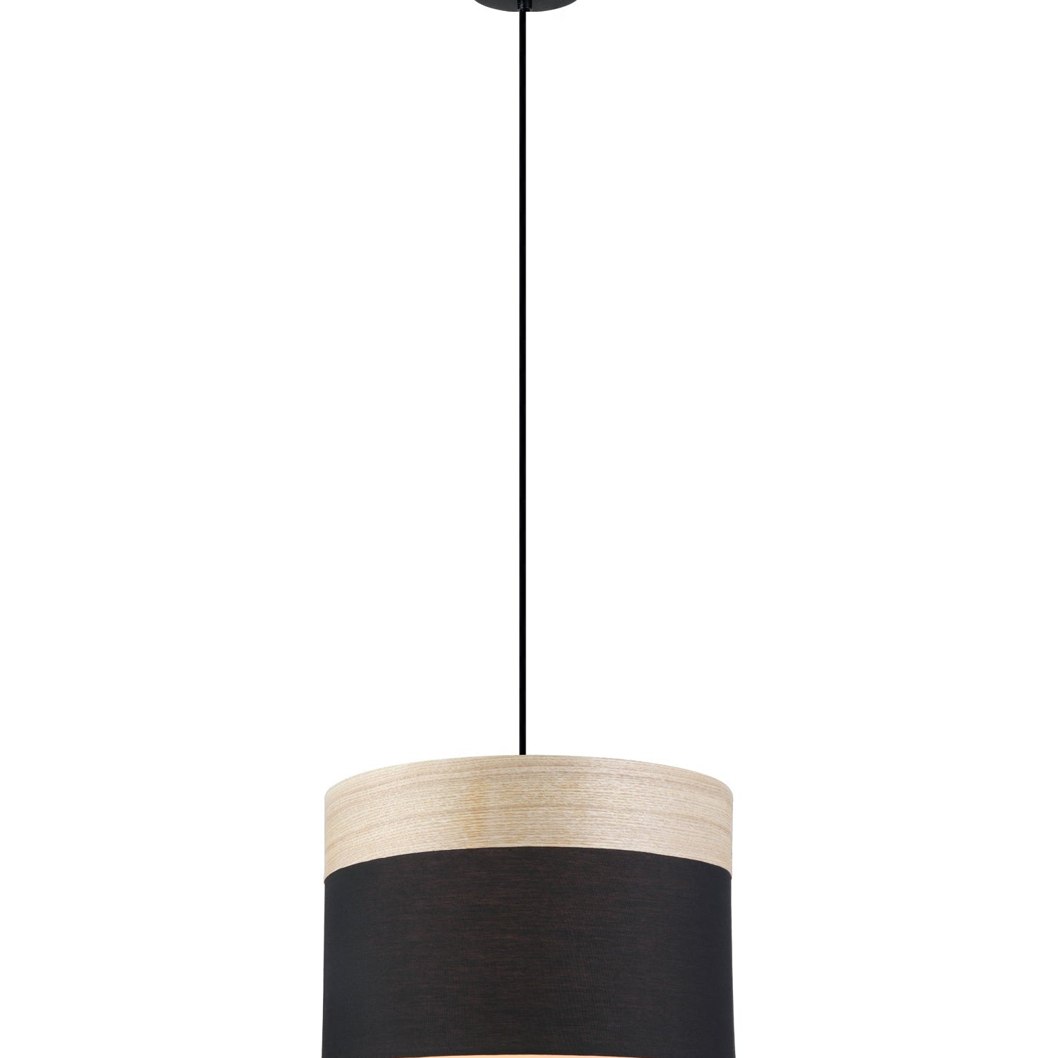 TAMBURA: Scandinavian Medium Drum Cloth Shade with Wood Veneer Trim Pendant Lights