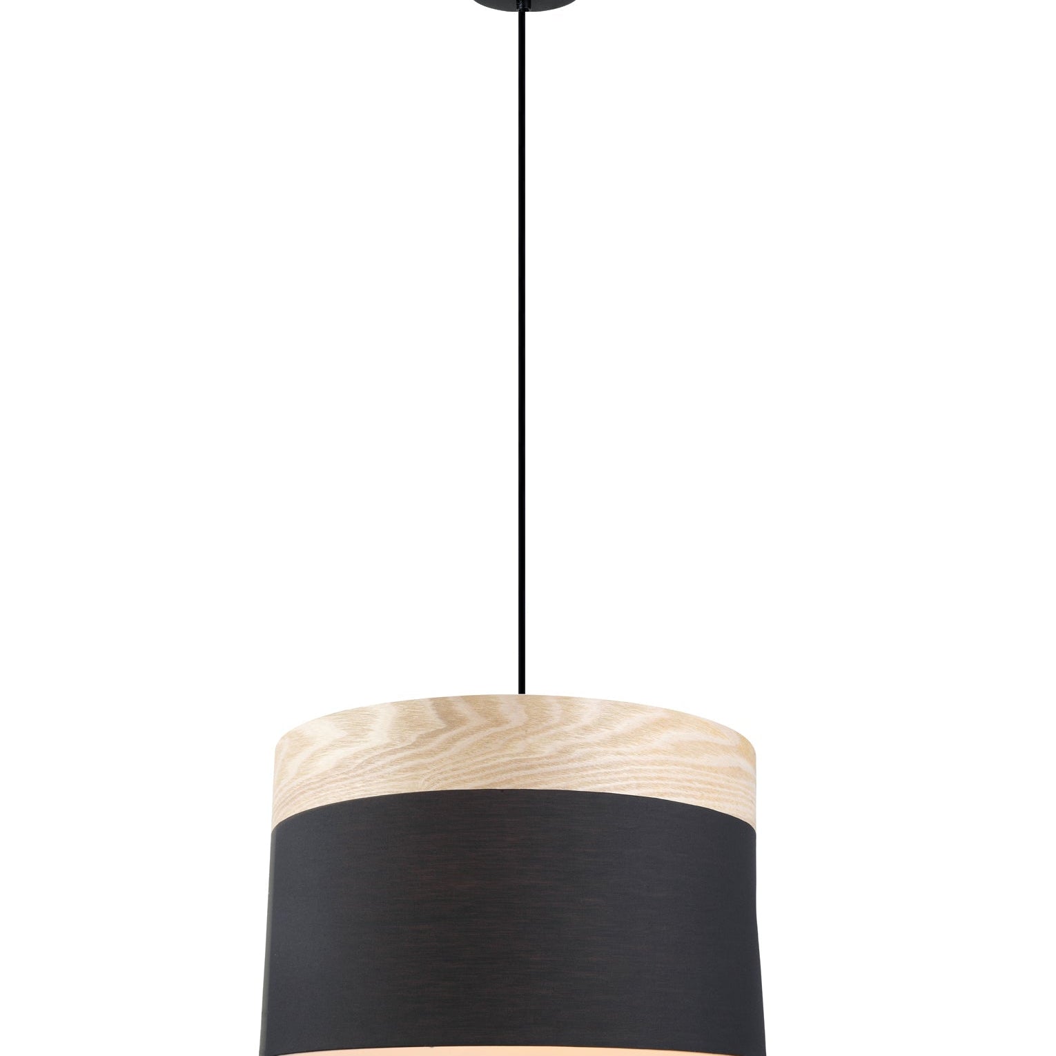 TAMBURA: Scandinavian Large Drum Cloth Shade with Wood Veneer Trim Pendant Lights