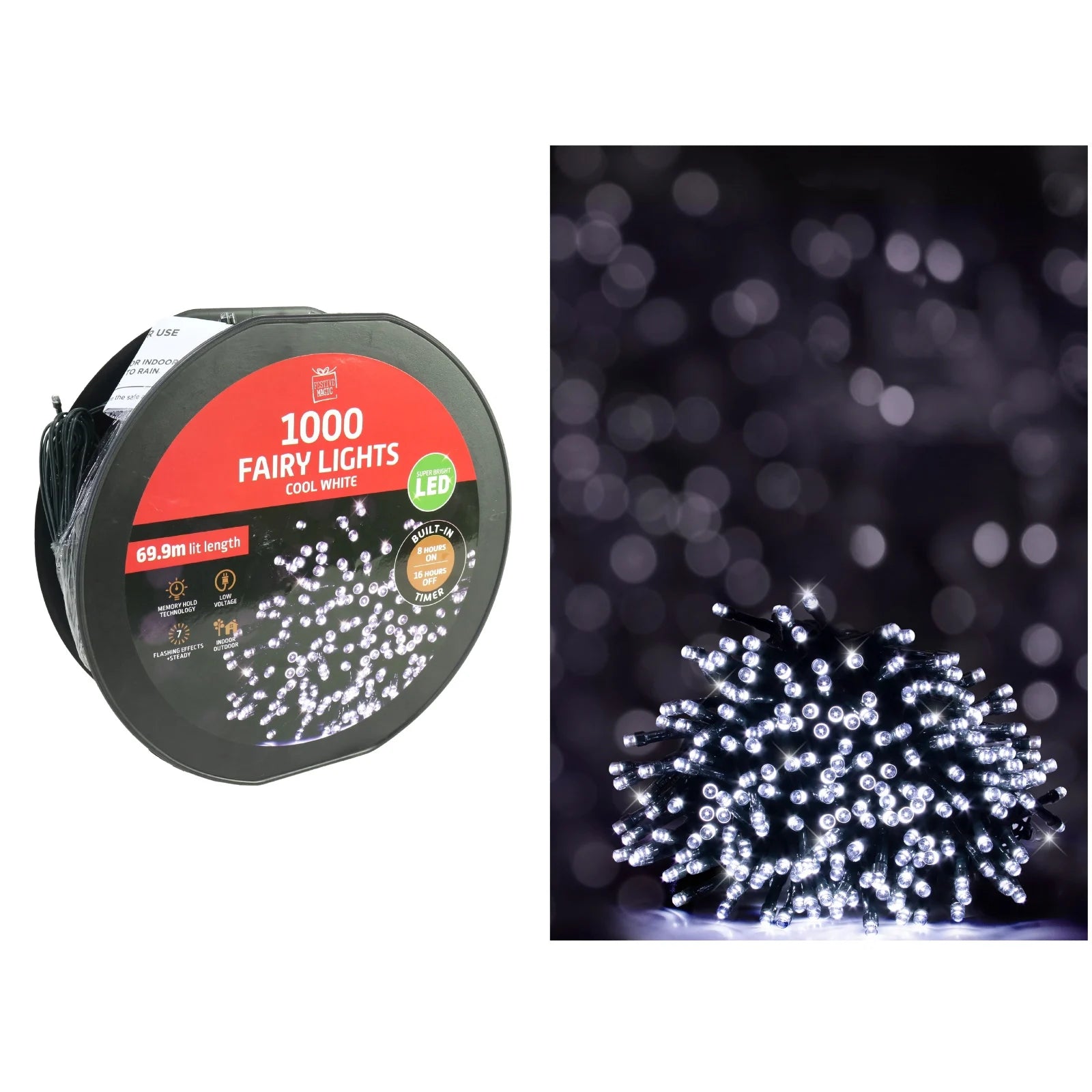 1000 super-bright COOL WHITE Fairy light Reel with timer.