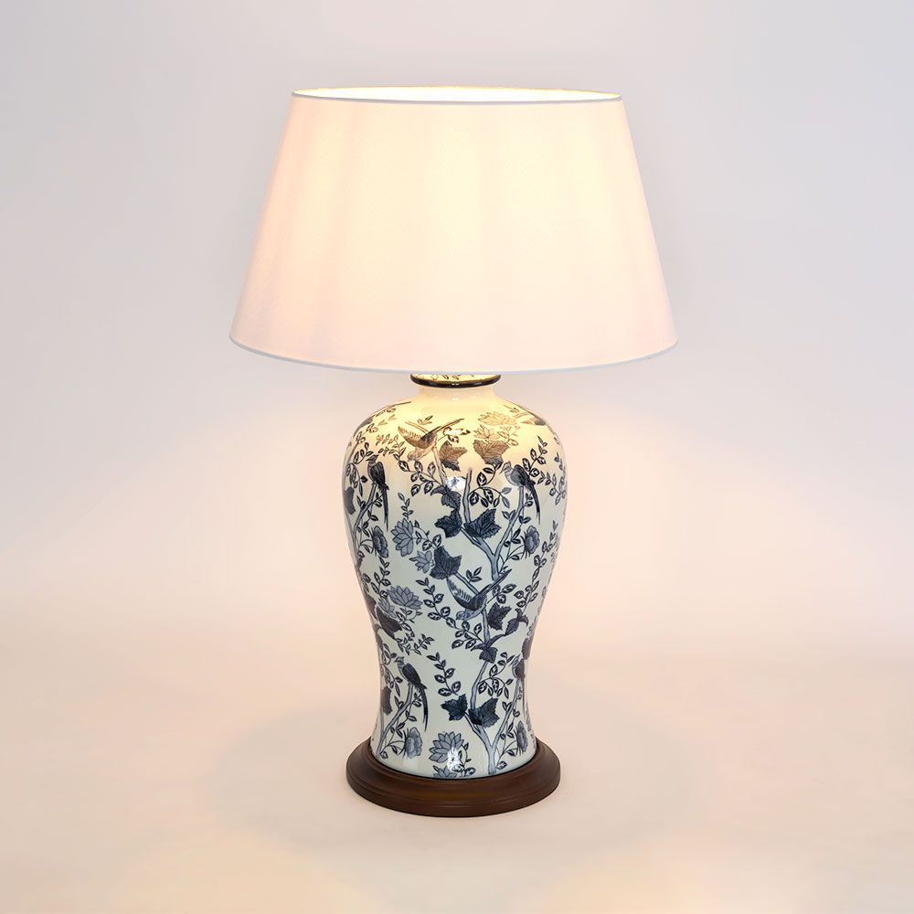 Ashleigh Glazed Floral Motif Ceramic and Wood Urn Table Lamp Base Only - Blue/White