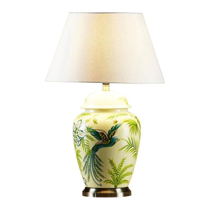 Caribbean Glazed Bird Painting Ceramic and Metal Urn Table Lamp Base Only- Green/Yellow