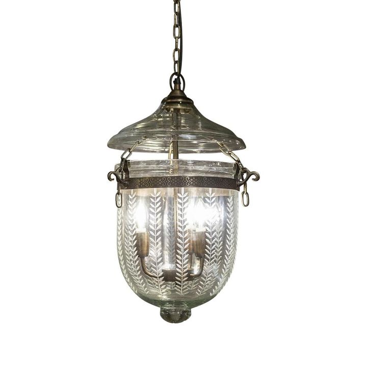 Bell Jar 3 Light Pendant Small Brass & Leaf Cut Glass
