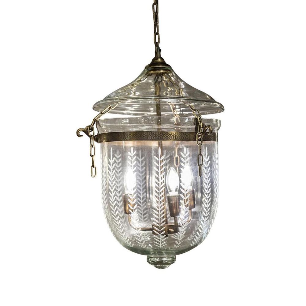 Bell Jar 3 Light Pendant Medium Brass & Leaf Cut Glass