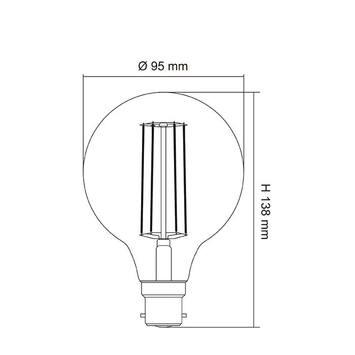 LG95 LED Filament Globe 240V 6W BC Clear Glass 2700K