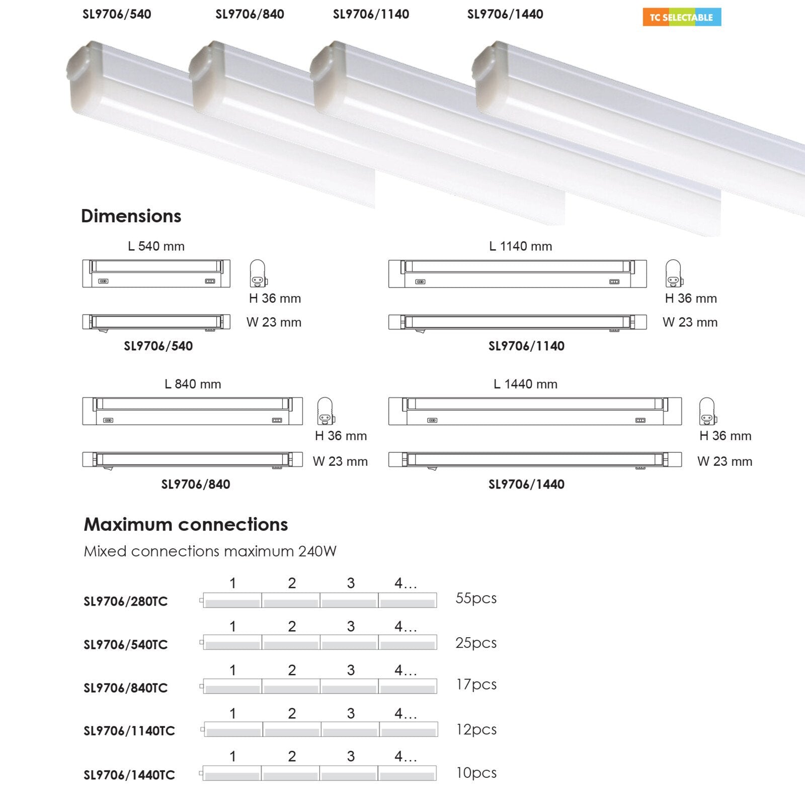Slimline Seamless TC Linkable LED Batten 13W TRI Colour